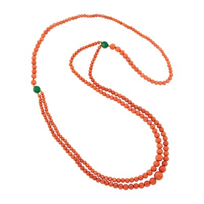 Lot 96 - Long Coral Bead, Gold and Green Onyx Necklace