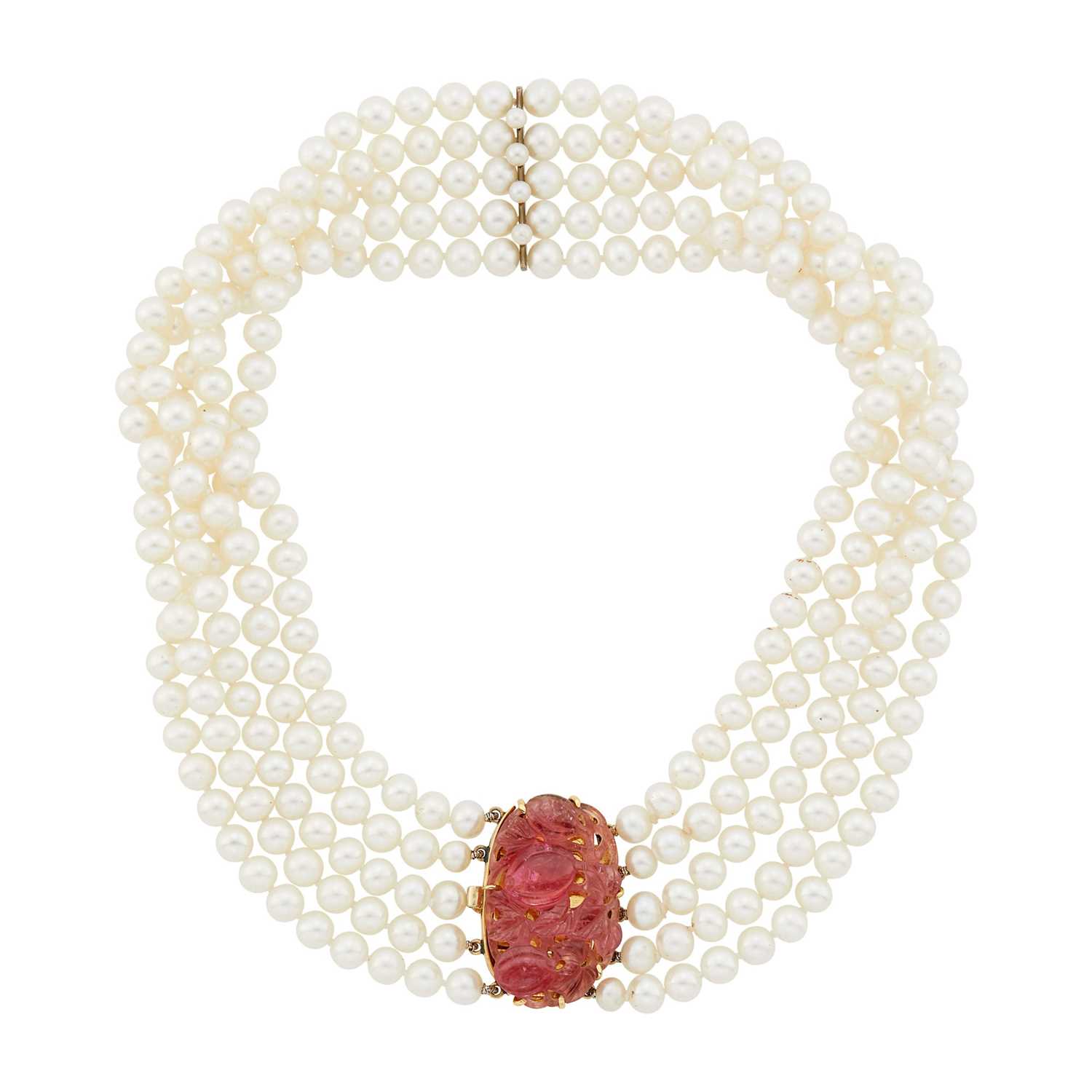 Lot 2051 - Five Strand Freshwater Pearl Necklace with Gold and Carved Pink Tourmaline Clasp