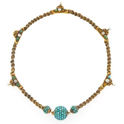 Lot 2155 - Antique Gold, Turquoise and Pearl Necklace