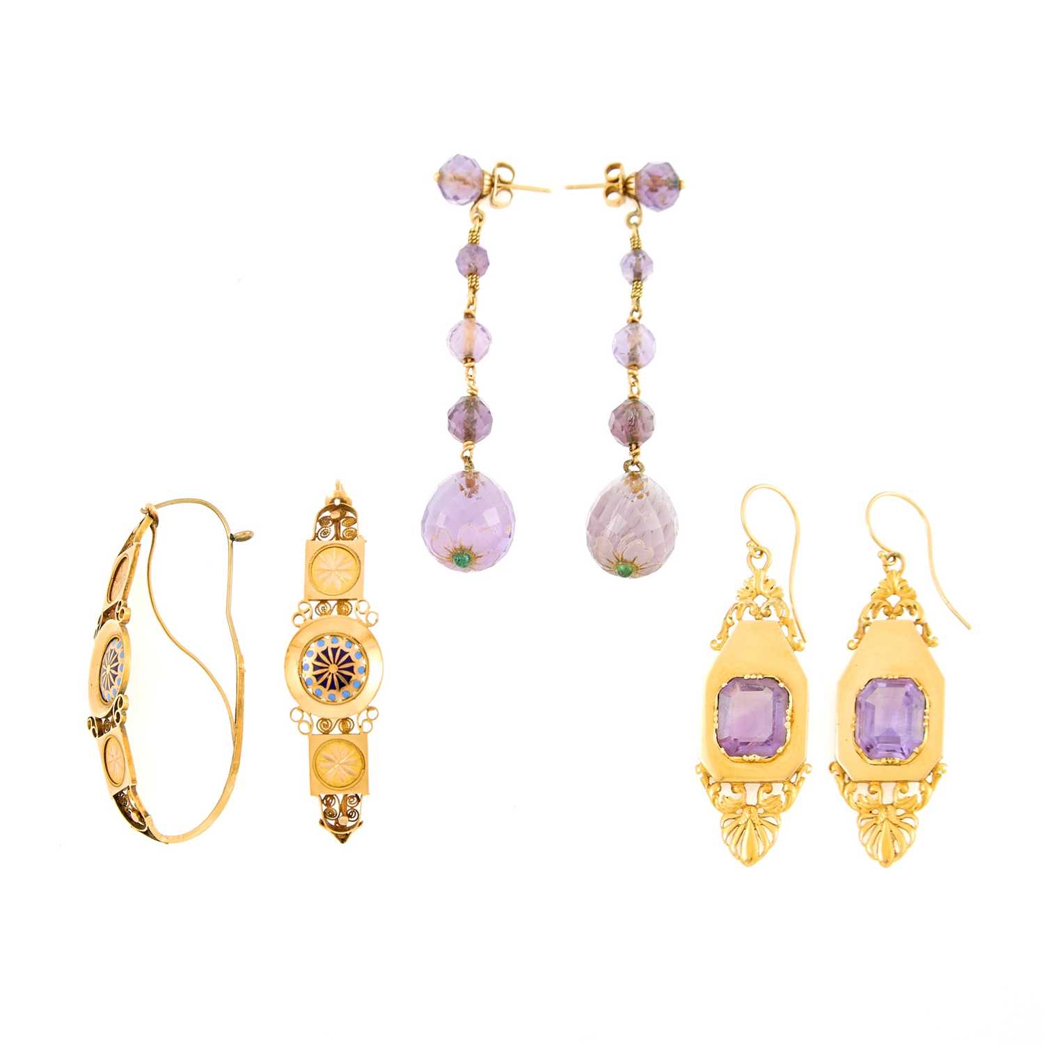 Lot 2141 - Three Pairs of Antique Gold Amethyst and Enamel Earrings