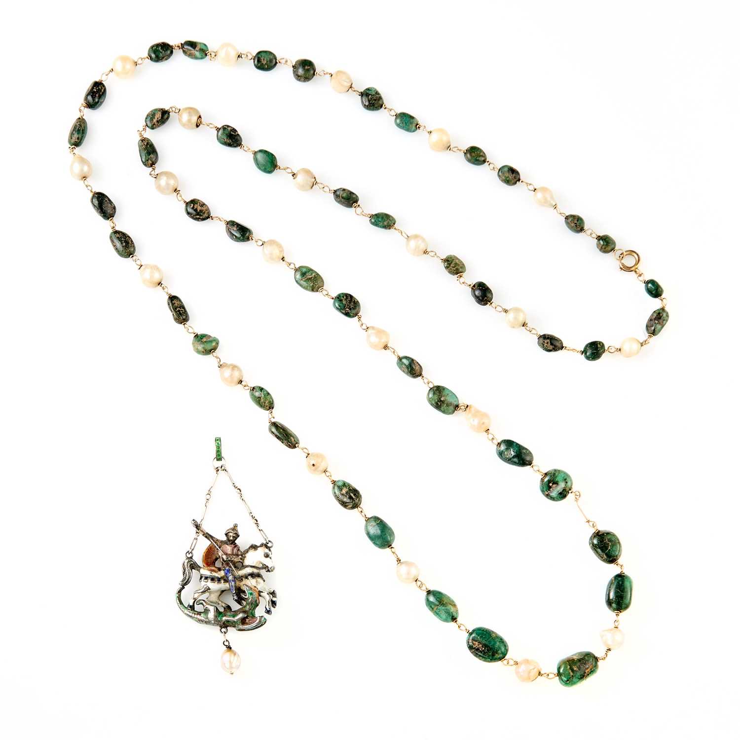 Lot 2159 - Antique Tumbled Emerald Bead and Baroque Cultured Pearl Chain Necklace and Silver and Enamel St. George and the Dragon Pendant