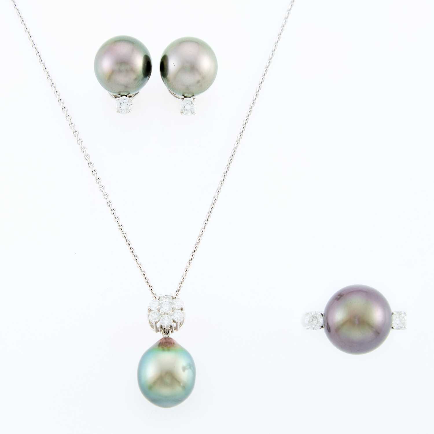 Lot 2105 - White Gold, Tahitian Gray Cultured Pearl and Diamond Pendant-Necklace, Pair of Earrings and Ring