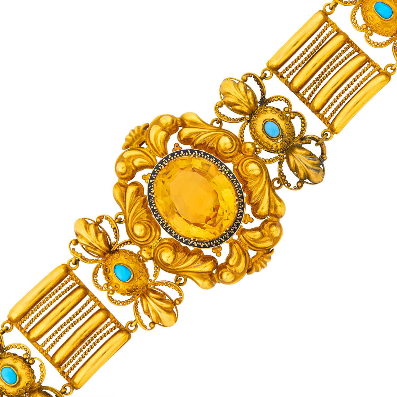 Lot 1075 - Antique Repoussé Gold, Citrine, Black Enamel and Turquoise Bracelet