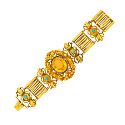 Lot 1075 - Antique Repoussé Gold, Citrine, Black Enamel and Turquoise Bracelet