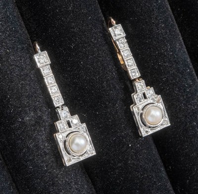 Lot 305 - Pair of Gold, Platinum, Cultured Pearl and Diamond Pendant-Earrings