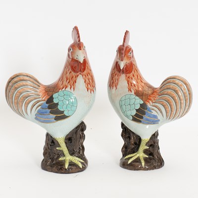 Lot 17 - Pair of Chinese Polychrome Decorated Earthenware Roosters