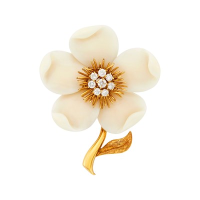 Lot 35 - Van Cleef & Arpels Gold, White Coral and Diamond Flower Clip-Brooch, France