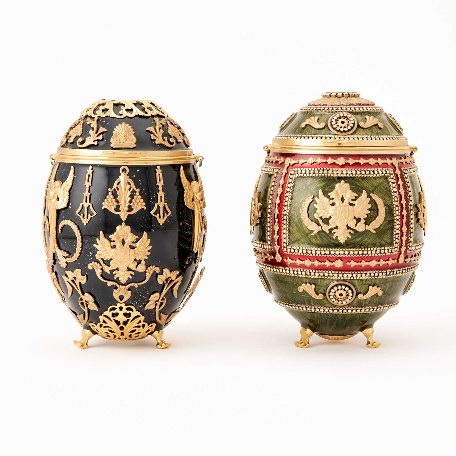Lot 356 - Two Vivian Alexander Fabergé Style Enameled and 'Jeweled' Eggs