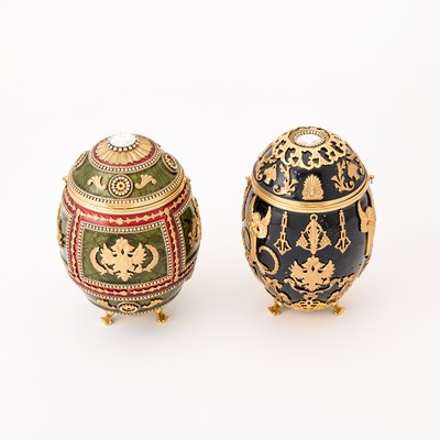Lot 356 - Two Vivian Alexander Fabergé Style Enameled and 'Jeweled' Eggs