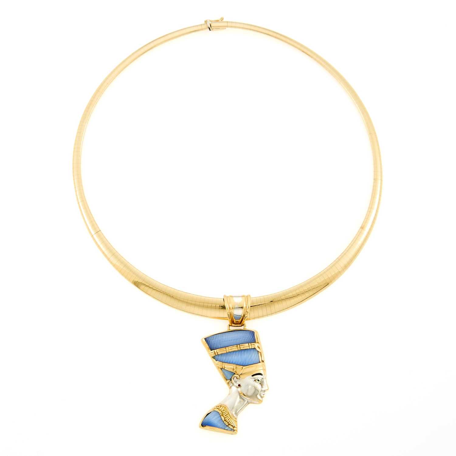 Lot 2082 - Two-Color Gold, Carved Blue Glass and Enamel Nefertiti Pendant with Omega Chain Necklace