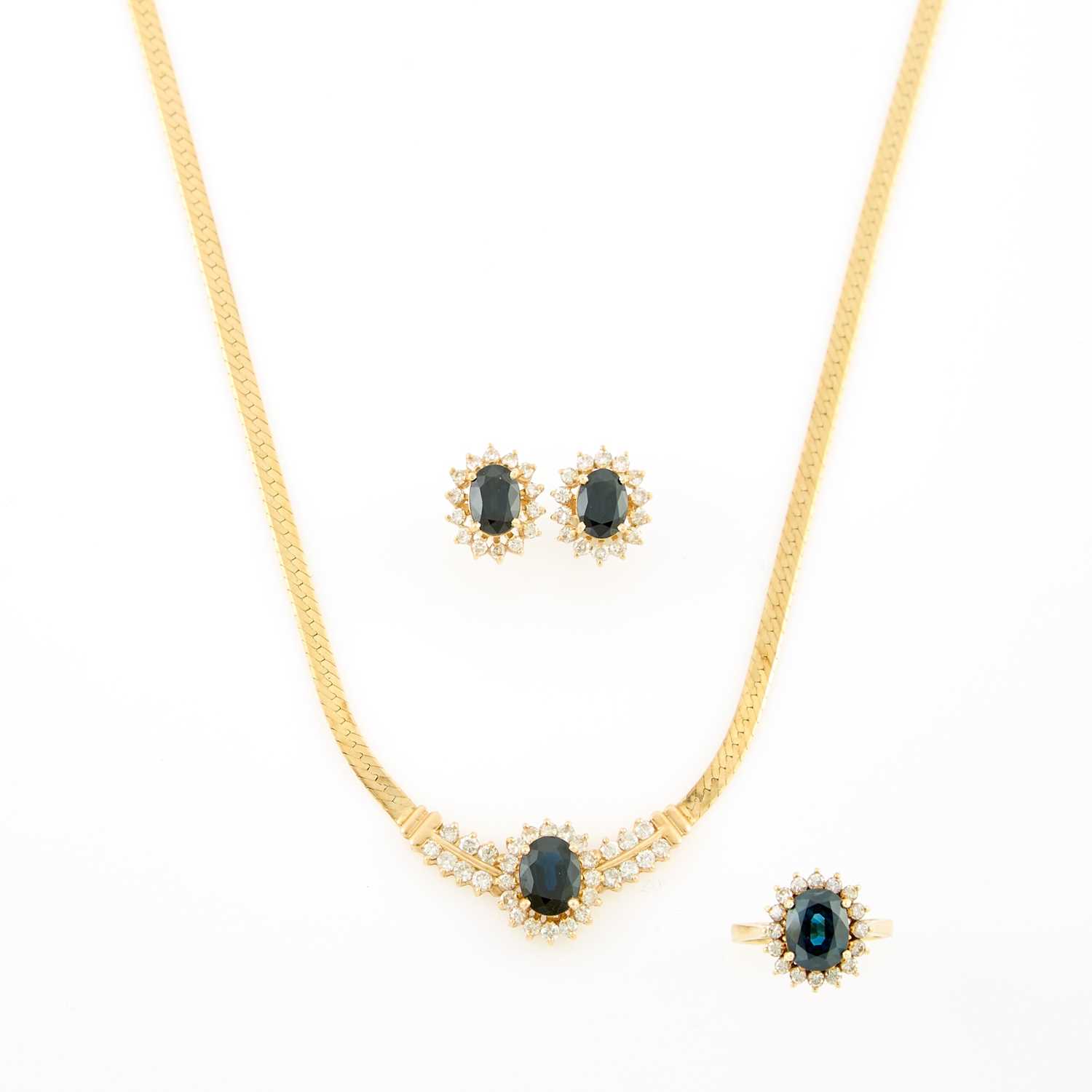 Lot 2189 - Gold, Sapphire and Diamond Necklace, Ring and Pair of Earrings