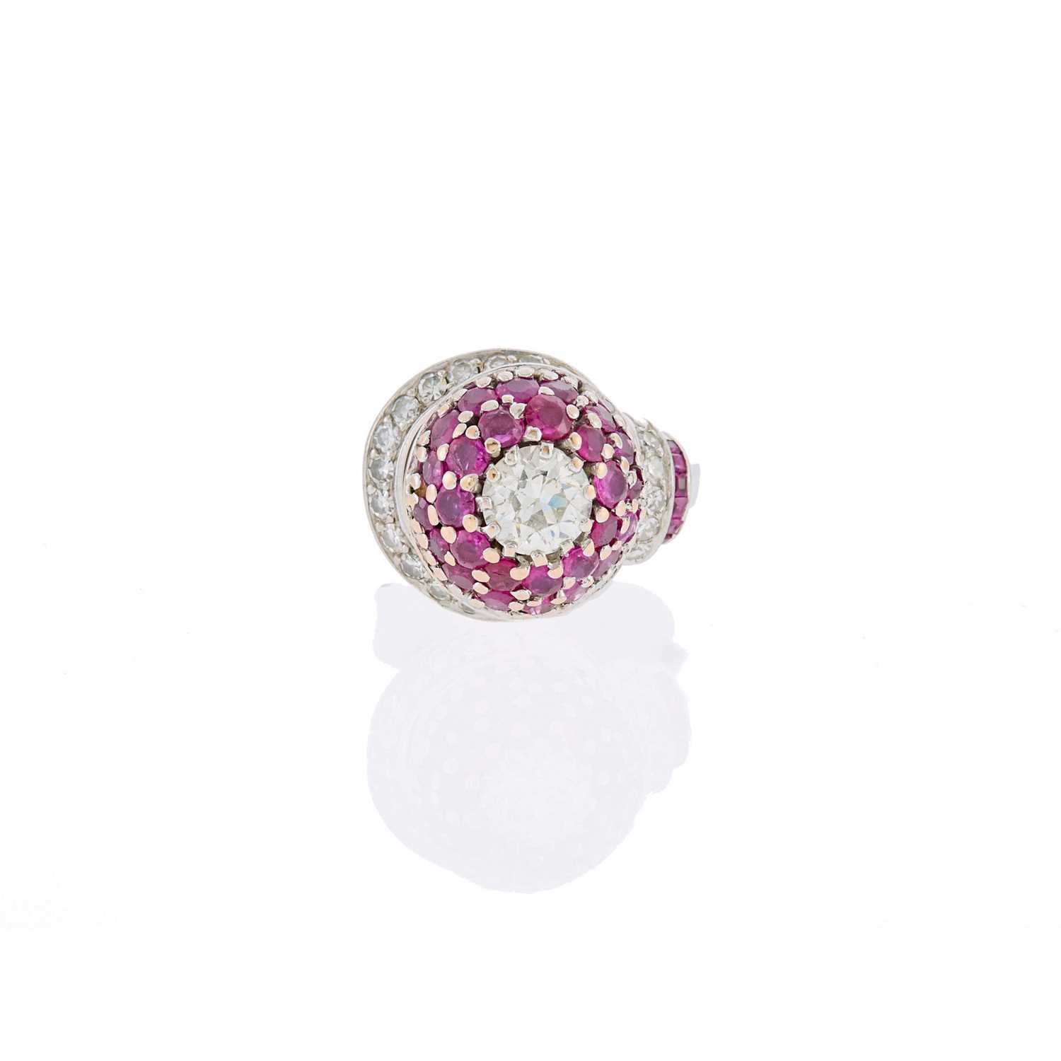 Lot 2097 - Rhodium-Plated Rose Gold, Diamond and Ruby Dome Ring
