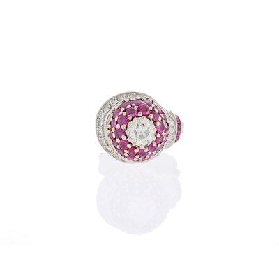 Lot 2097 - Rhodium-Plated Rose Gold, Diamond and Ruby Dome Ring