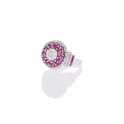 Lot 2097 - Rhodium-Plated Rose Gold, Diamond and Ruby Dome Ring