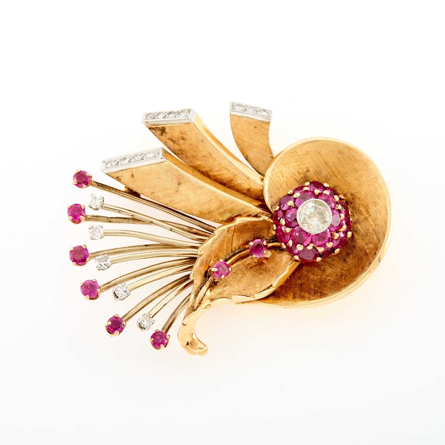 Lot 2095 - Two-Color Gold, Synthetic Ruby, Ruby and Diamond Brooch