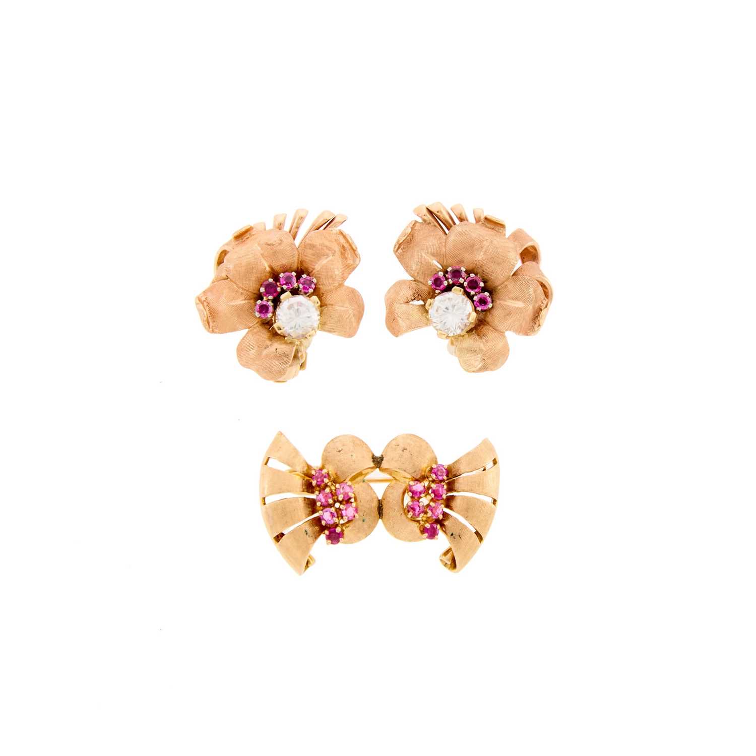Lot 2096 - Pair of Rose Gold, Simulated Diamond, Synthetic Ruby Flower Earrings and Gold and Ruby Pin