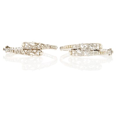 Lot 2107 - Pair of White Gold, Diamond, Cultured Pearl and Sapphire Bangle Bracelets