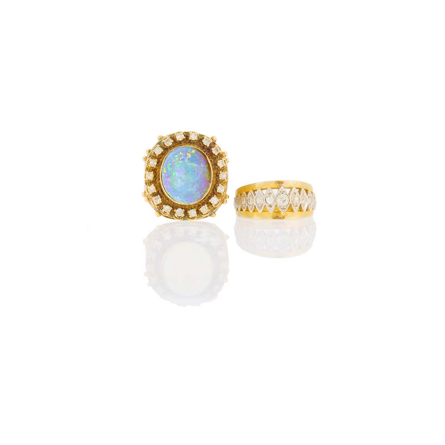 Lot 2224 - Gold, White Opal and Diamond Ring and Two-Color Gold and Diamond Band Ring