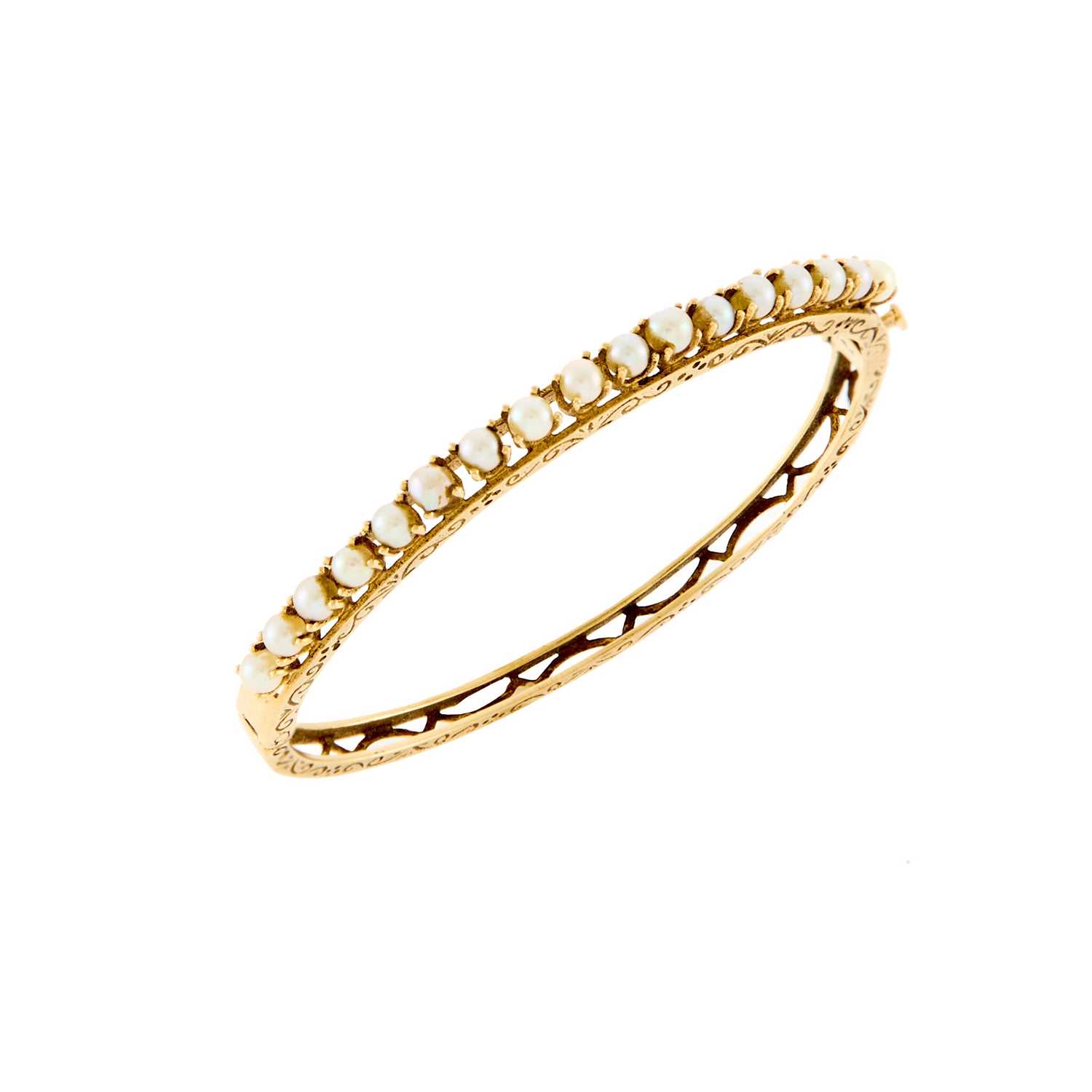 Lot 2163 - Gold and Cultured Pearl Bangle Bracelet