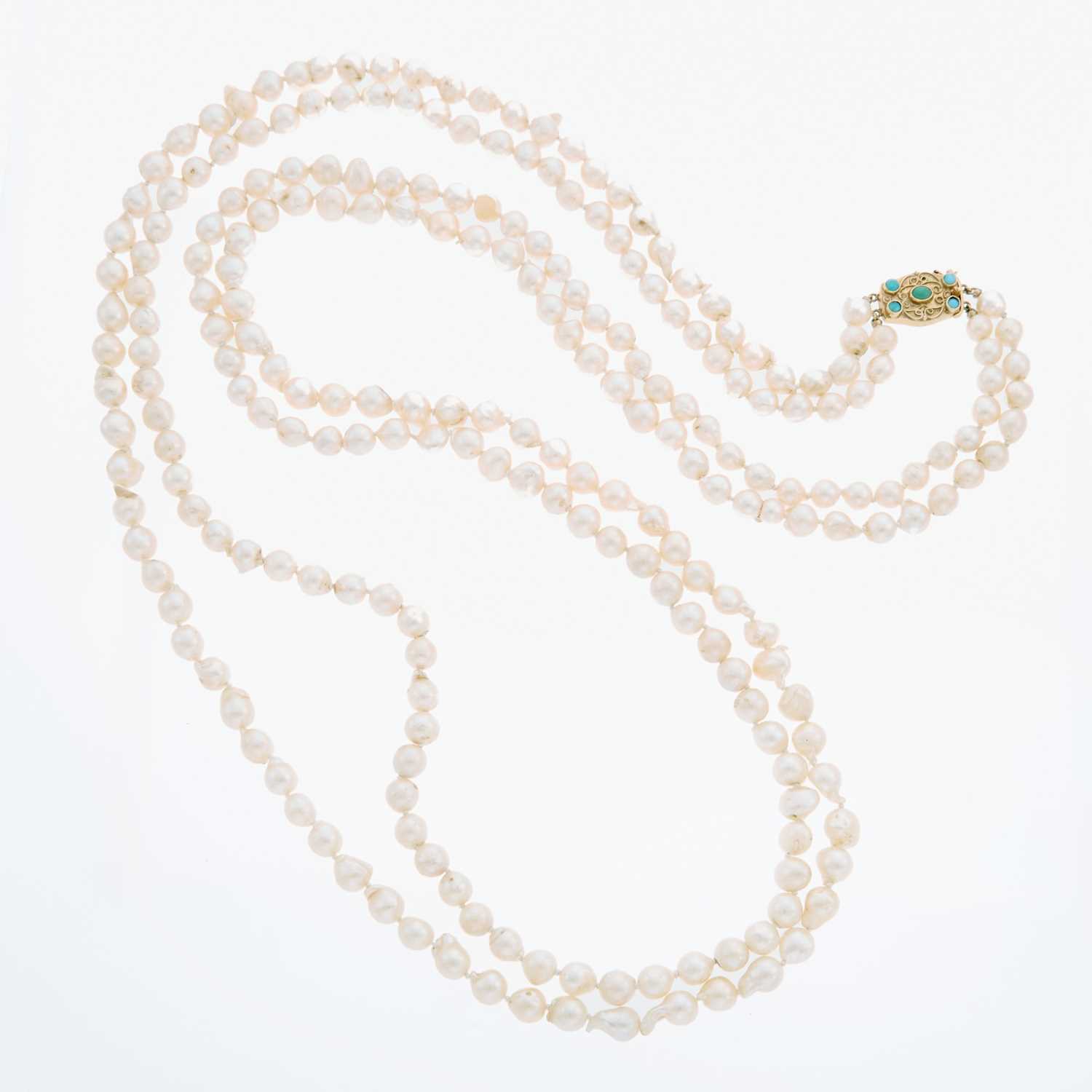 Lot 2167 - Long Double Strand Semi-Baroque Cultured Pearl Necklace with Gold and Turquoise Clasp