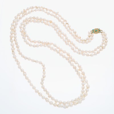 Lot 2167 - Long Double Strand Semi-Baroque Cultured Pearl Necklace with Gold and Turquoise Clasp