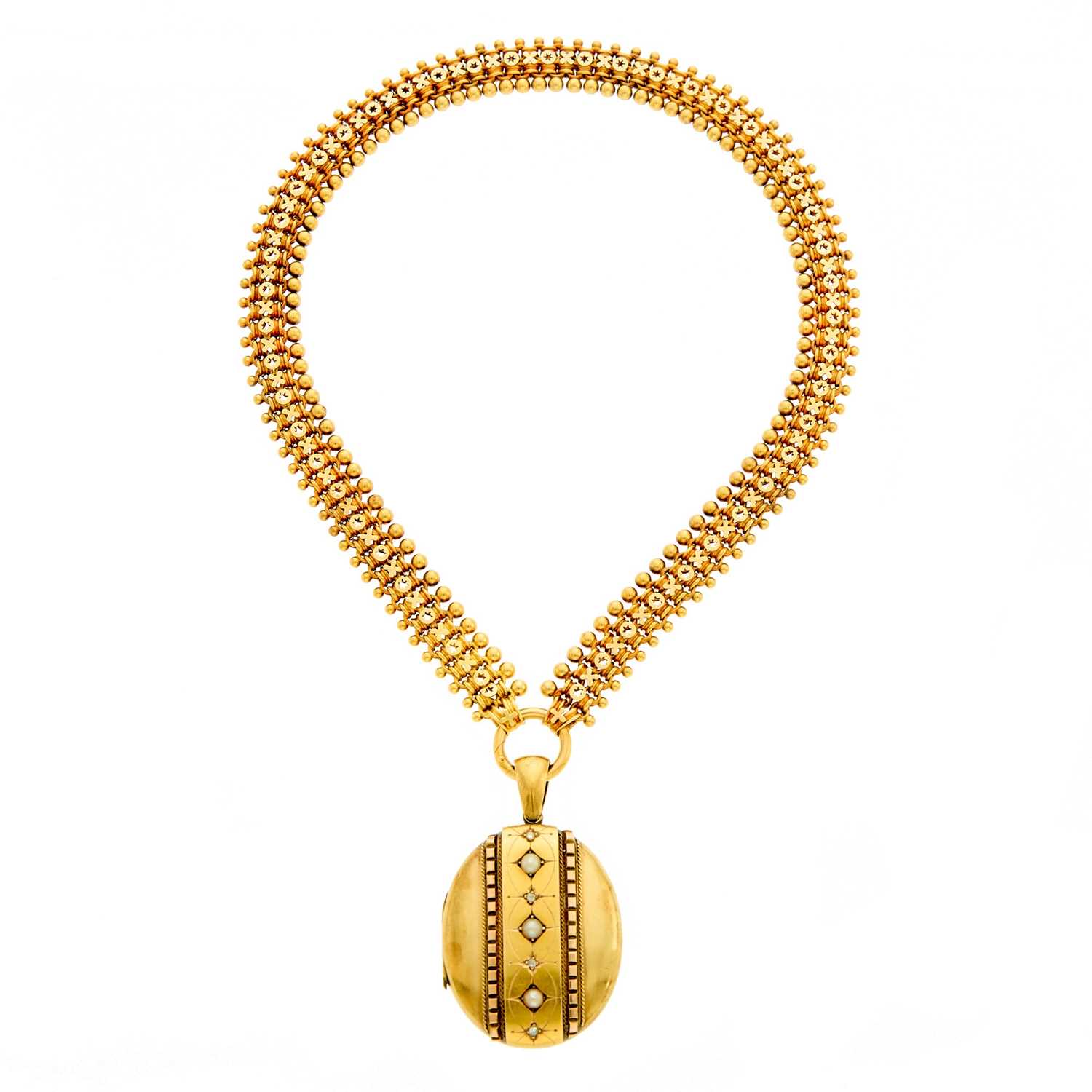 Lot 2142 - Gold, Diamond and Split Pearl Locket Pendant-Necklace