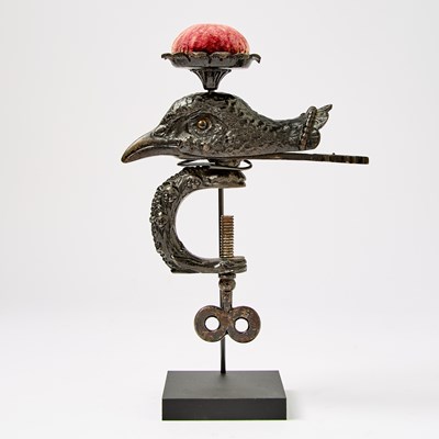 Lot 1251 - Painted Cast Iron Peacock Head Sewing Clamp with Pin Cushion