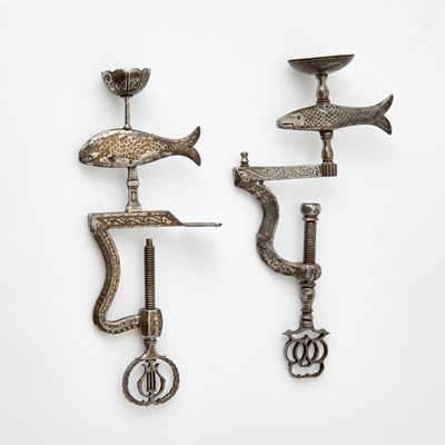 Lot 226 - Two Engraved Steel Fish Sewing Clamps