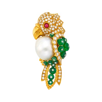 Lot 13 - Gold, Semi-Baroque South Sea Cultured Pearl, Diamond, Emerald Bead and Cabochon Ruby Parrot Clip-Brooch
