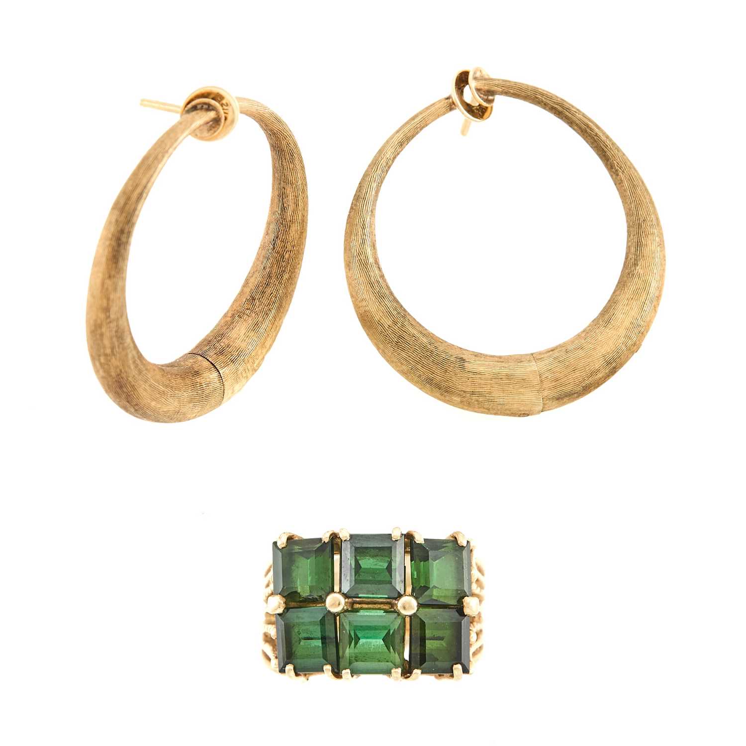 Lot 2162 - Gold and Tourmaline Ring and Pair of Gold Hoop Earrings