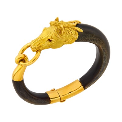 Lot 60 - Gay Frères Gold, Wood and Cabochon Ruby Horse Head Bangle Bracelet