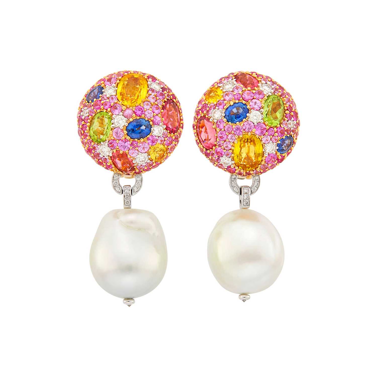 Lot 1172 - Margot McKinney Pair of Two-Color Gold, Multicolored Sapphire, Gem-Set, Diamond and South Sea Baroque Cultured Pearl Pendant-Earrings