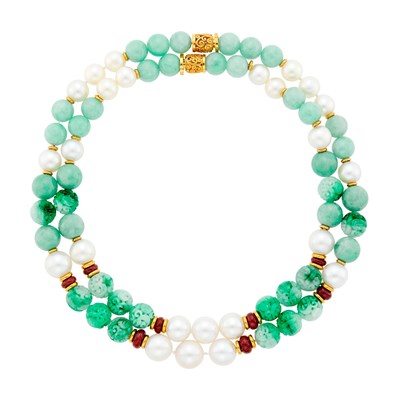 Lot 36 - Seaman Schepps Pair of Gold, Carved Jade, Jade and Ruby Bead and South Sea Cultured Pearl Necklaces