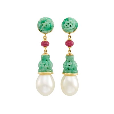 Lot 37 - Seaman Schepps Pair of Gold, Carved Jade, Ruby Bead and South Sea Cultured Pearl Pendant-Earrings