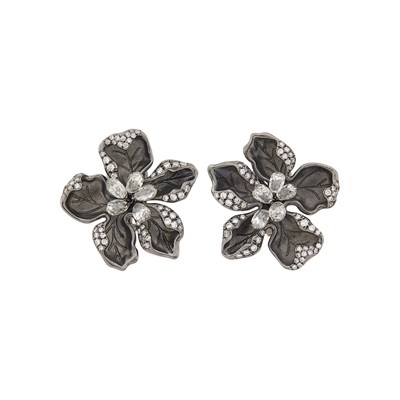 Lot 87 - Piranesi Pair of Blackened White Gold 'En Tremblant' Briolette Diamond and Diamond Flower Earrings