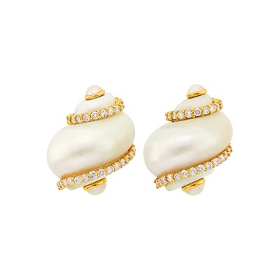 Lot 33 - Seaman Schepps Pair of Gold, Shell, Diamond and Split Pearl 'Turbo Shell' Earclips