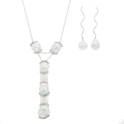 Lot 2109 - White Gold, South Sea Baroque Cultured Pearl and Diamond Pendant Necklace and Pair of Pendant-Earrings