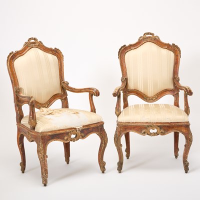 Lot 254 - Pair of Italian Rococo Carved and Polychrome Painted Wood Fauteuils