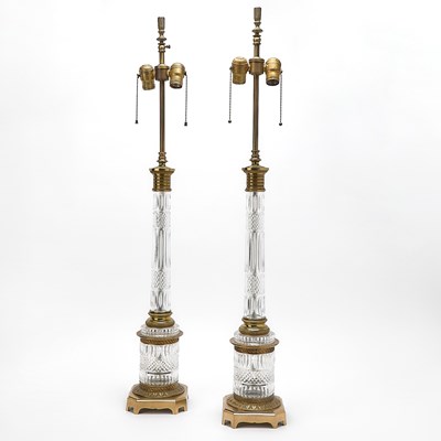 Lot 3145 - Pair of Warren Kessler Baccarat Style Glass and Gilt Metal Column Lamps