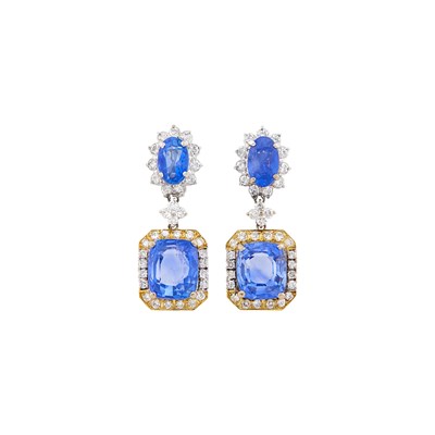 Lot 28 - Pair of Two-Color Gold, Sapphire and Diamond Pendant-Earclips