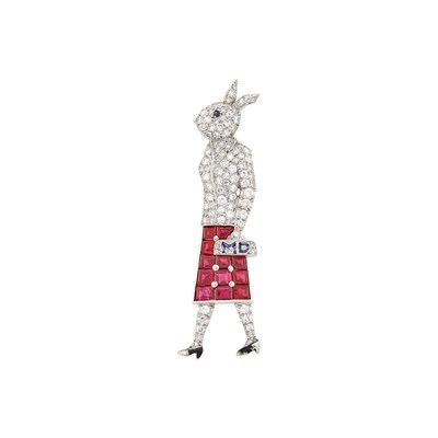 Lot 153 - Raymond C. Yard Platinum, Diamond, Ruby, Sapphire and Black Enamel Lady Rabbit M.D. Brooch