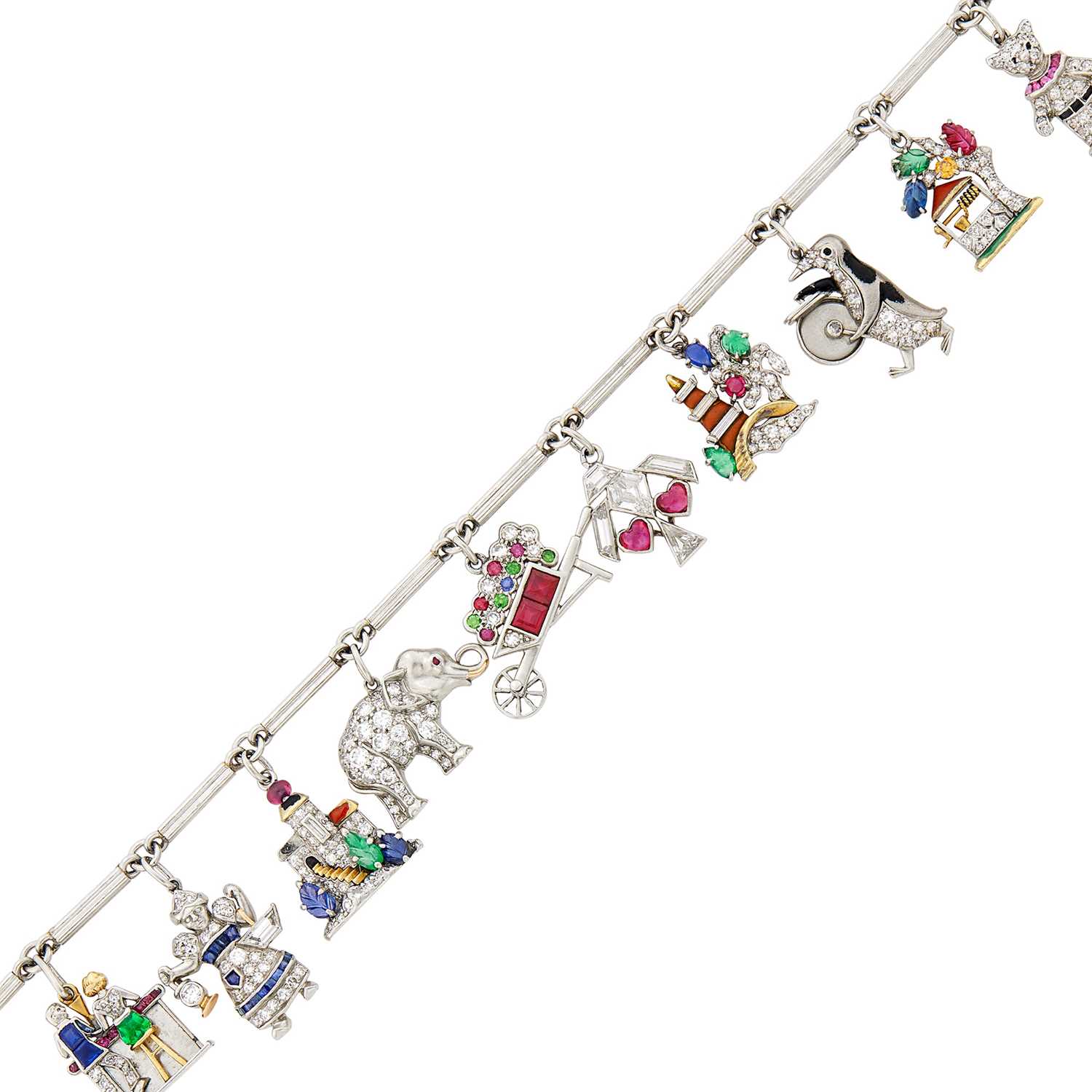 Lot 154 - Platinum, Gold, Diamond, Gem-Set and Enamel Charm Bracelet