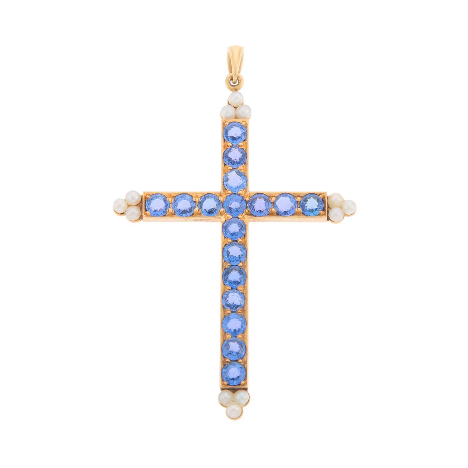 Lot 2192 - Gold, Montana Sapphire, Sapphire and Seed Pearl Cross Pendant