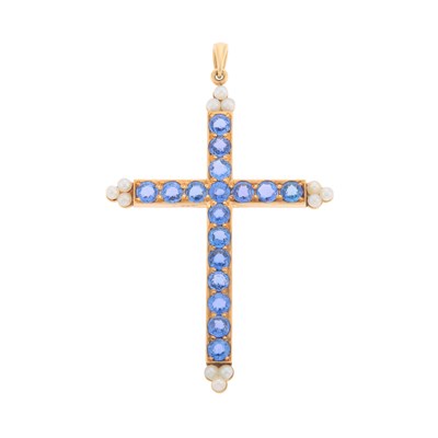 Lot 2192 - Gold, Montana Sapphire, Sapphire and Seed Pearl Cross Pendant