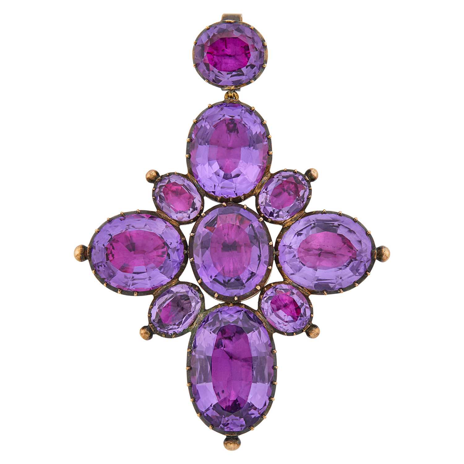 Lot 2140 - Antique Low Karat Gold and Foil-Backed Amethyst Cross Pendant