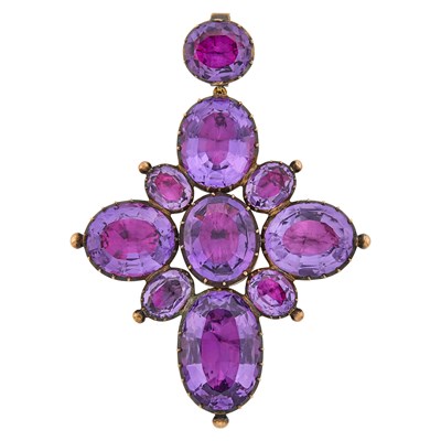 Lot 2140 - Antique Low Karat Gold and Foil-Backed Amethyst Cross Pendant