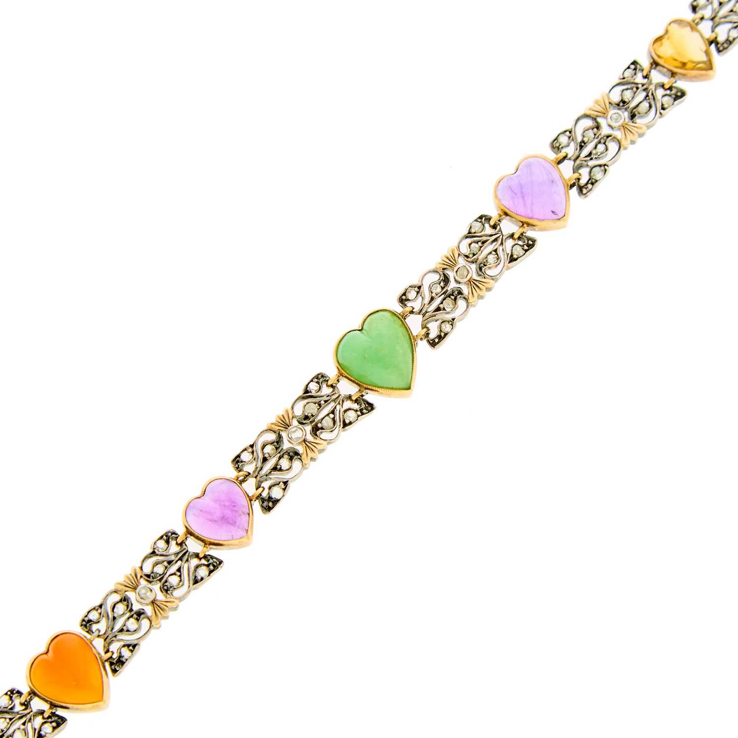 Lot 2171 - Silver, Gold, Cabochon Colored Stone and Diamond Heart Bracelet