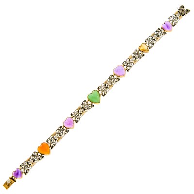 Lot 2171 - Silver, Gold, Cabochon Colored Stone and Diamond Heart Bracelet