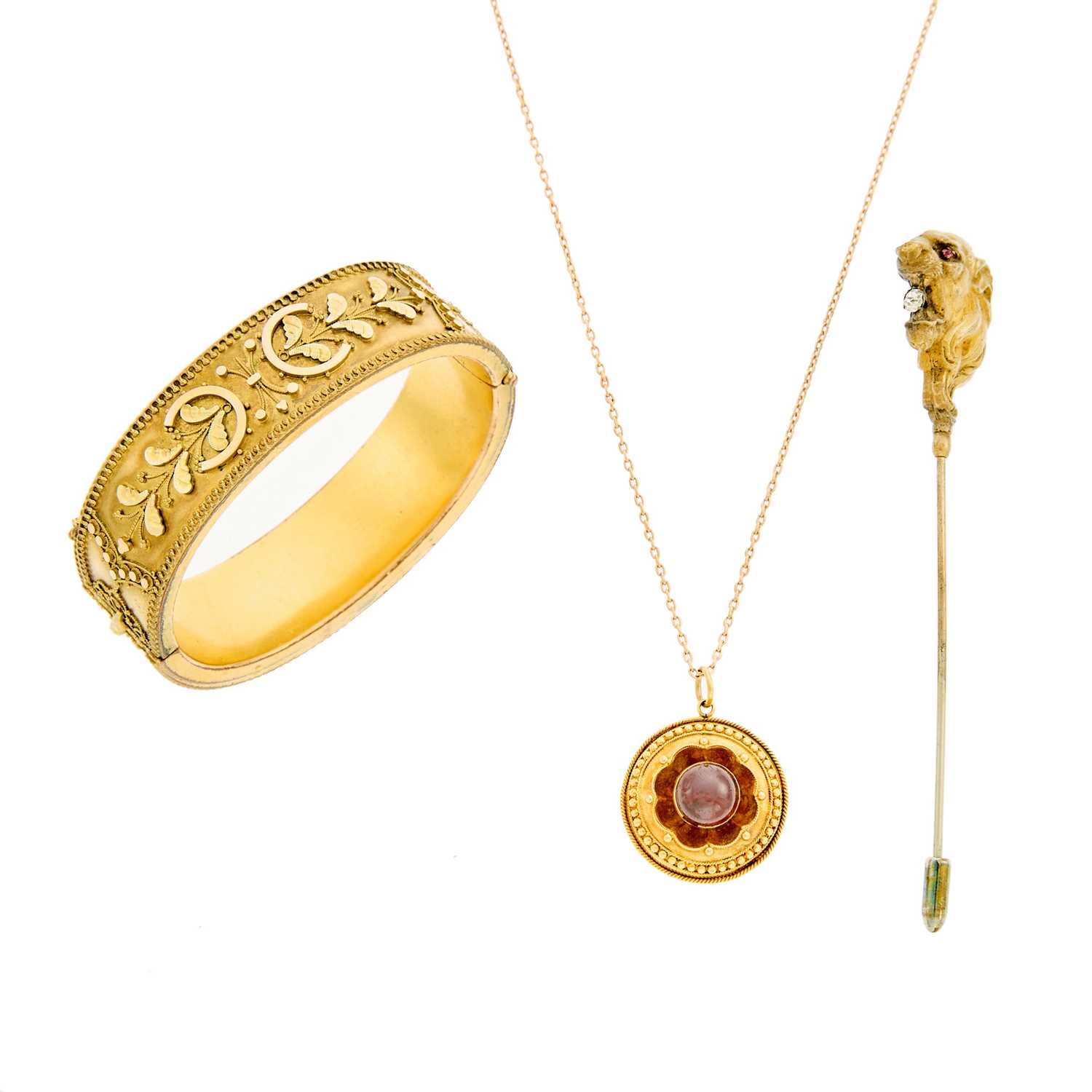 Lot 2150 - Antique Two-Color Gold-Filled Bangle Bracelet, Etruscan Revival Gold Pendant with Long Rose Gold Chain Necklace and Antique Gilt-Metal Lion Hat Pin