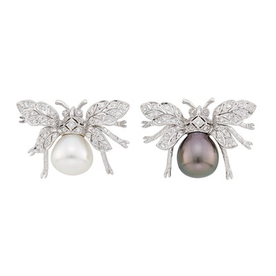 Lot 50 - Pair of White Gold, South Sea and Tahitian Gray Cultured Pearl and Diamond Bee Pins